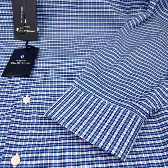 BEN SHERMAN, LONG SLEEVES MEN’S SHIRT, “XL 16,” BLUE AND WHITE SMALL CHECKERED - Picture 10 of 16